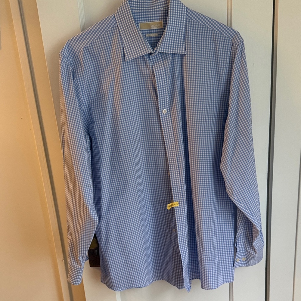 Michael Kors Blue and White Checkered Dress Shirt